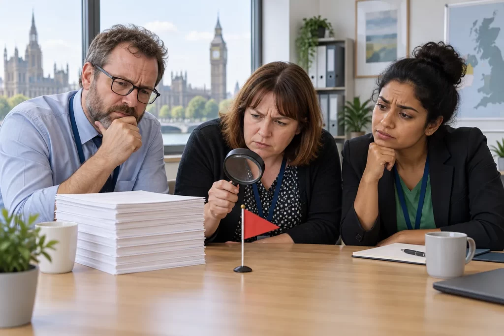 Three adult public-sector workers study a small red warning flag and reports in an office.