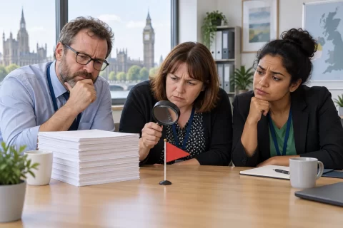 Three adult public-sector workers study a small red warning flag and reports in an office.
