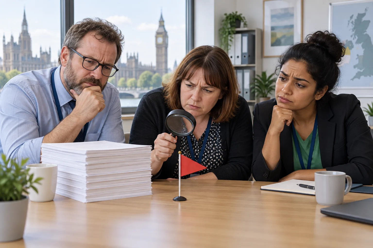 Three adult public-sector workers study a small red warning flag and reports in an office.