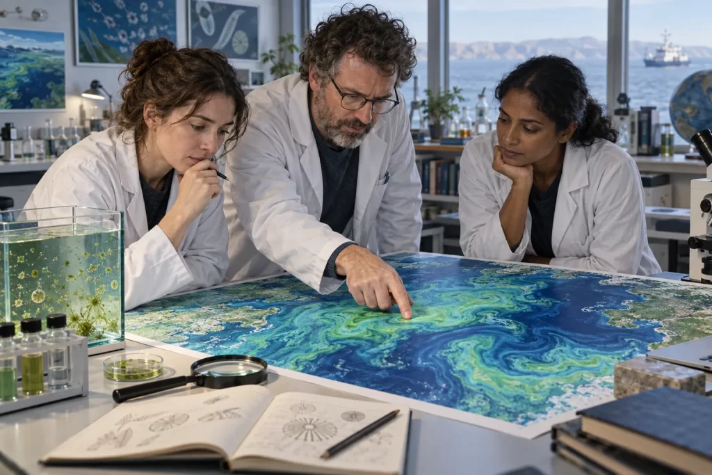 Three adult marine scientists study a blue-green ocean map beside a small aquarium in a laboratory.
