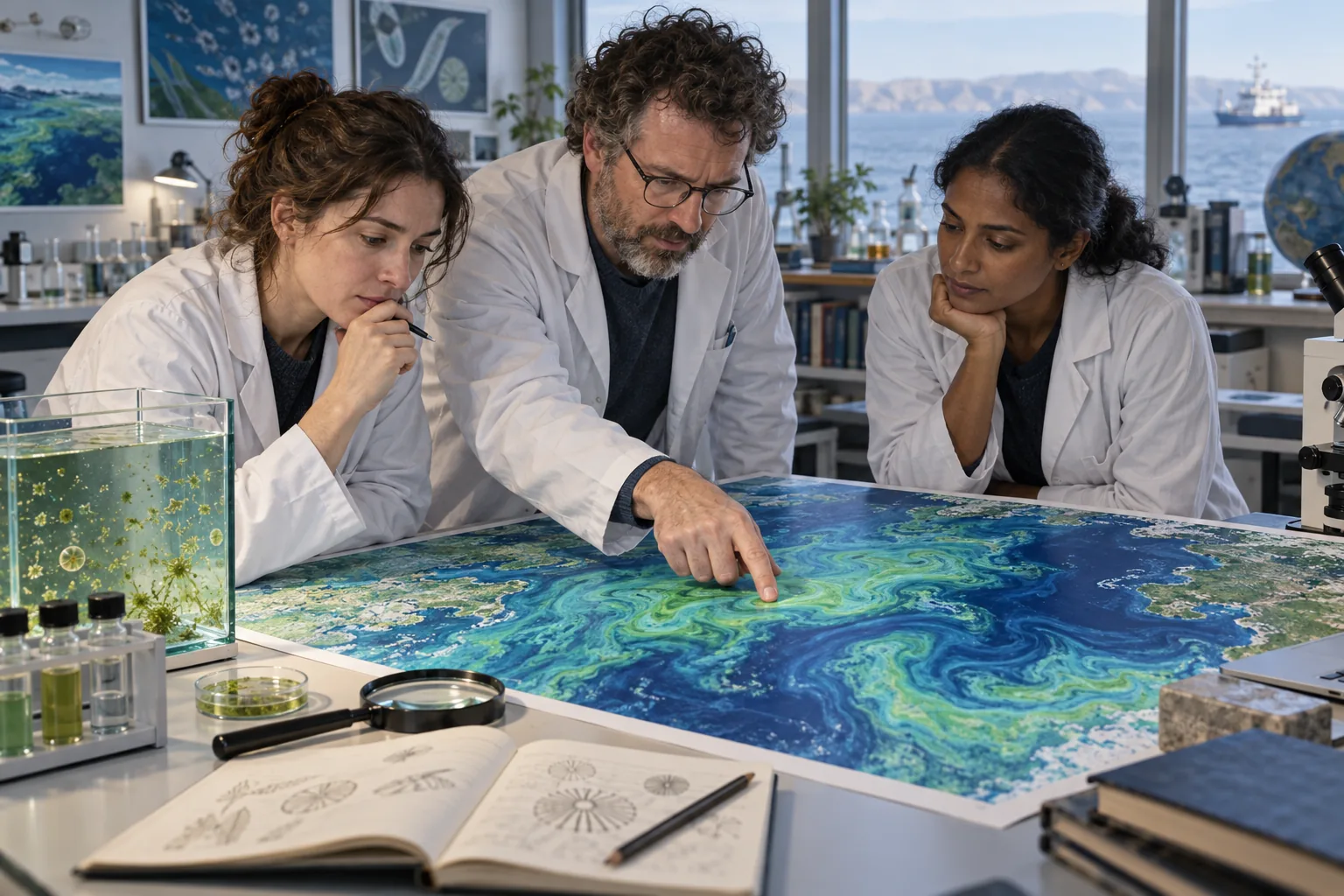 Three adult marine scientists study a blue-green ocean map beside a small aquarium in a laboratory.
