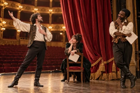 Three adult actors rehearse beside a large theatre curtain and a prop chair.