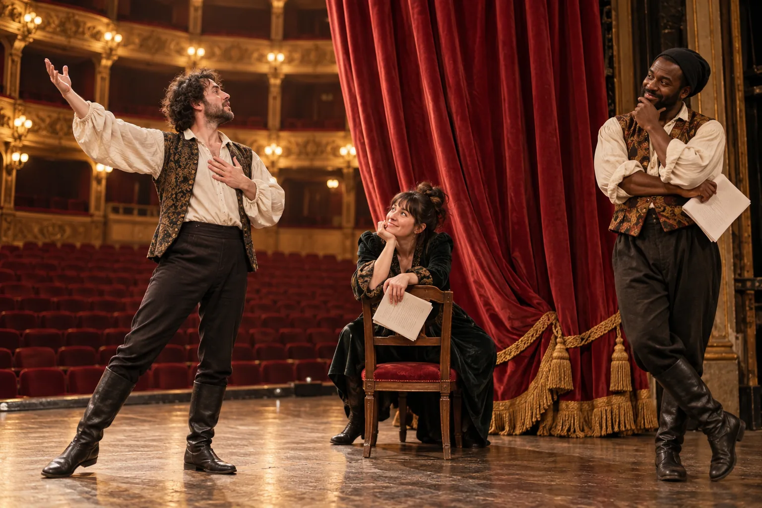 Three adult actors rehearse beside a large theatre curtain and a prop chair.