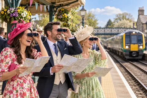 Three adult racegoers with maps and binoculars wait for a train at a fictional station.