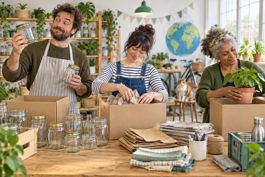 Three adult volunteers sort reusable jars and paper in a workshop.