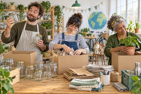 Three adult volunteers sort reusable jars and paper in a workshop.