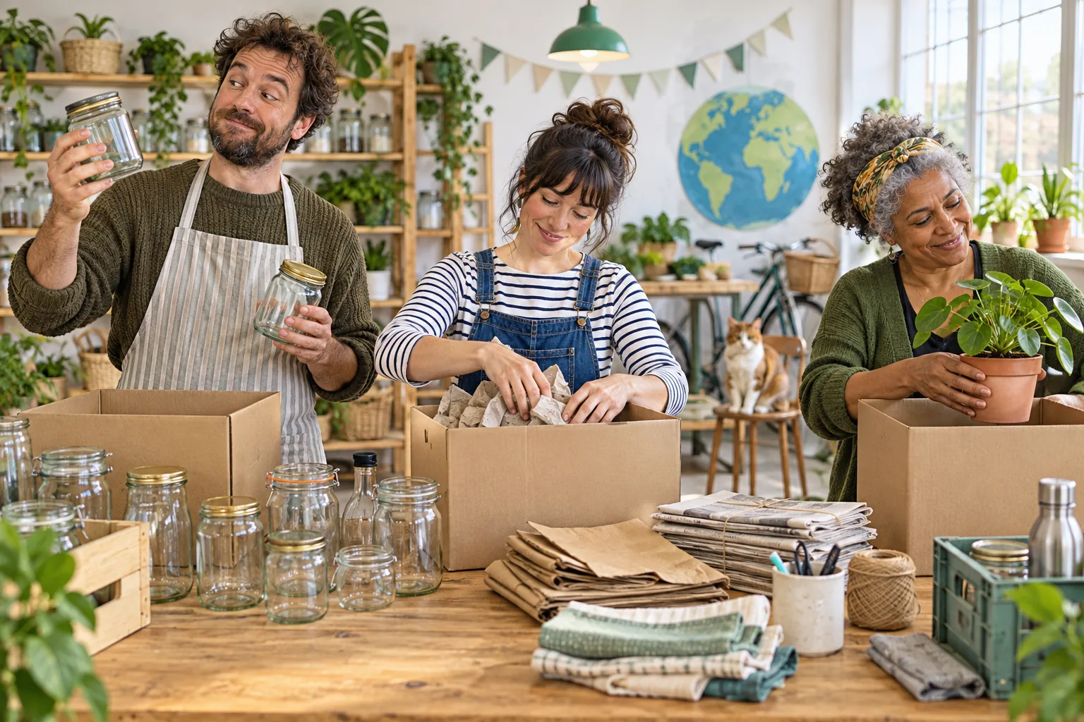 Three adult volunteers sort reusable jars and paper in a workshop.
