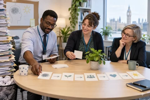 Three adult healthcare policy workers arrange care pathway cards around a table.