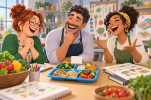Three fictional adult school catering planners clearly laughing around a healthy model lunch tray.