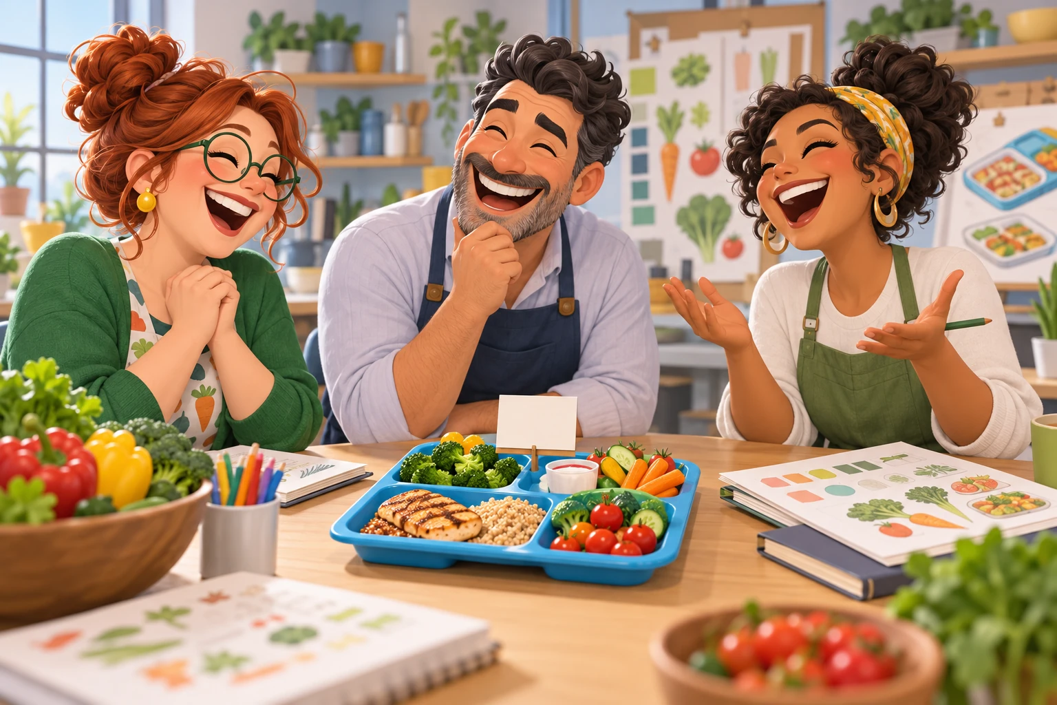Three fictional adult school catering planners clearly laughing around a healthy model lunch tray.