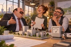 Three fictional adult manufacturing energy planners clearly laughing around a factory model and blank electricity meter.