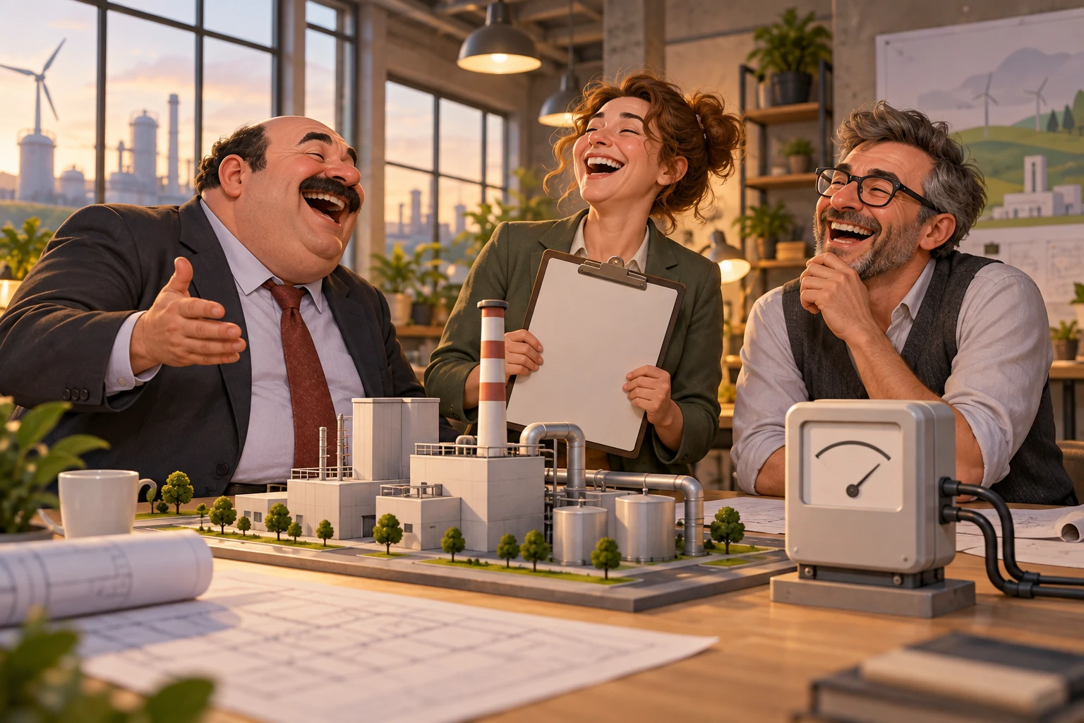 Three fictional adult manufacturing energy planners clearly laughing around a factory model and blank electricity meter.