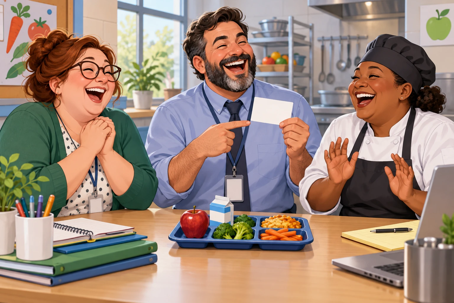 Three fictional adult school meal administrators clearly laughing around a lunch tray and blank eligibility card.