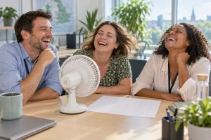 Three fictional adult public health data planners laughing around an unbranded desk fan and blank chart.