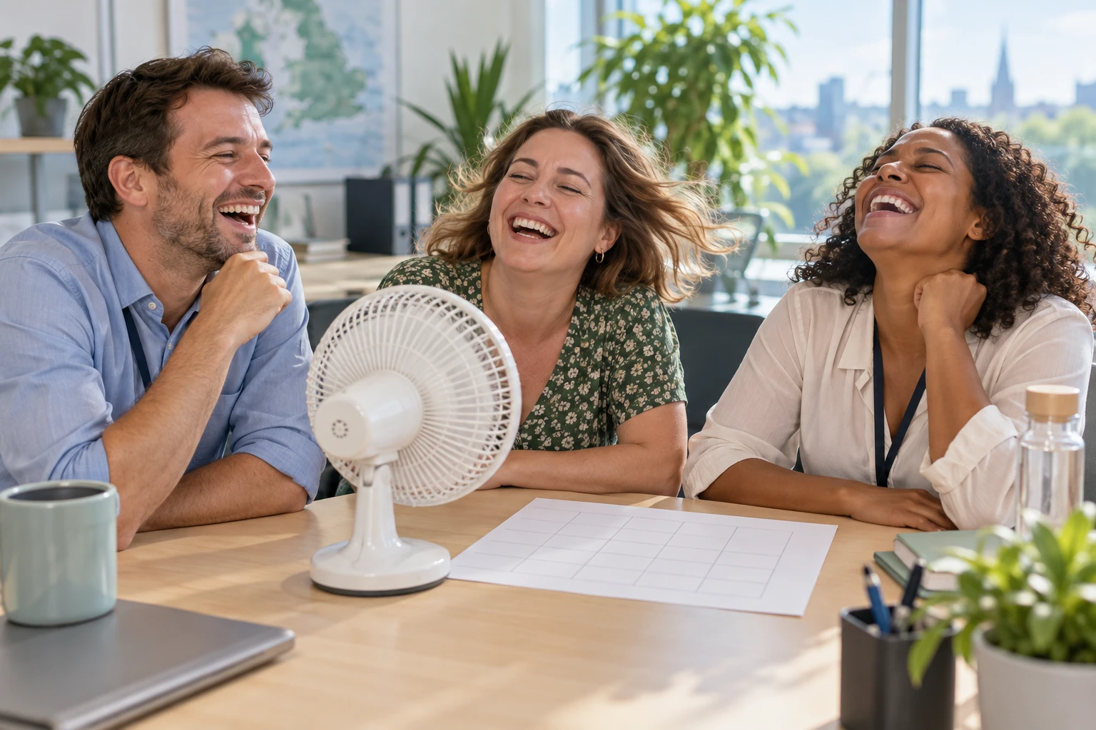 Three fictional adult public health data planners laughing around an unbranded desk fan and blank chart.