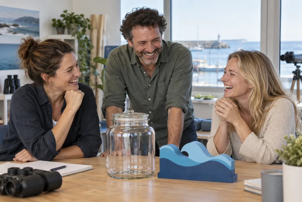 Three fictional adult marine monitoring planners laughing around a blank glass specimen jar and unmarked blue wave model.