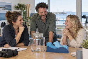 Three fictional adult marine monitoring planners laughing around a blank glass specimen jar and unmarked blue wave model.