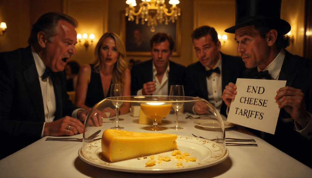 Satirical illustration for the article: Tariffs Threaten Champagne and Parmigiano; Americans Brace for ‘Cheese and Bubbly’ Apocalypse