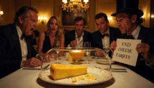 Satirical illustration for the article: Tariffs Threaten Champagne and Parmigiano; Americans Brace for ‘Cheese and Bubbly’ Apocalypse