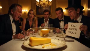 Satirical illustration for the article: Tariffs Threaten Champagne and Parmigiano; Americans Brace for ‘Cheese and Bubbly’ Apocalypse