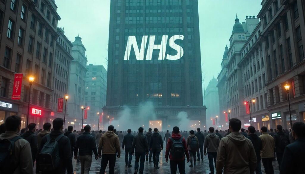 Satirical illustration for the article: Starmer Replaces NHS with ‘National Health Hunger Games’