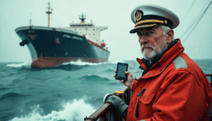 Satirical illustration for the article: North Sea Collision: Cargo Ship Captain Arrested for ‘Aggressive Docking Maneuver