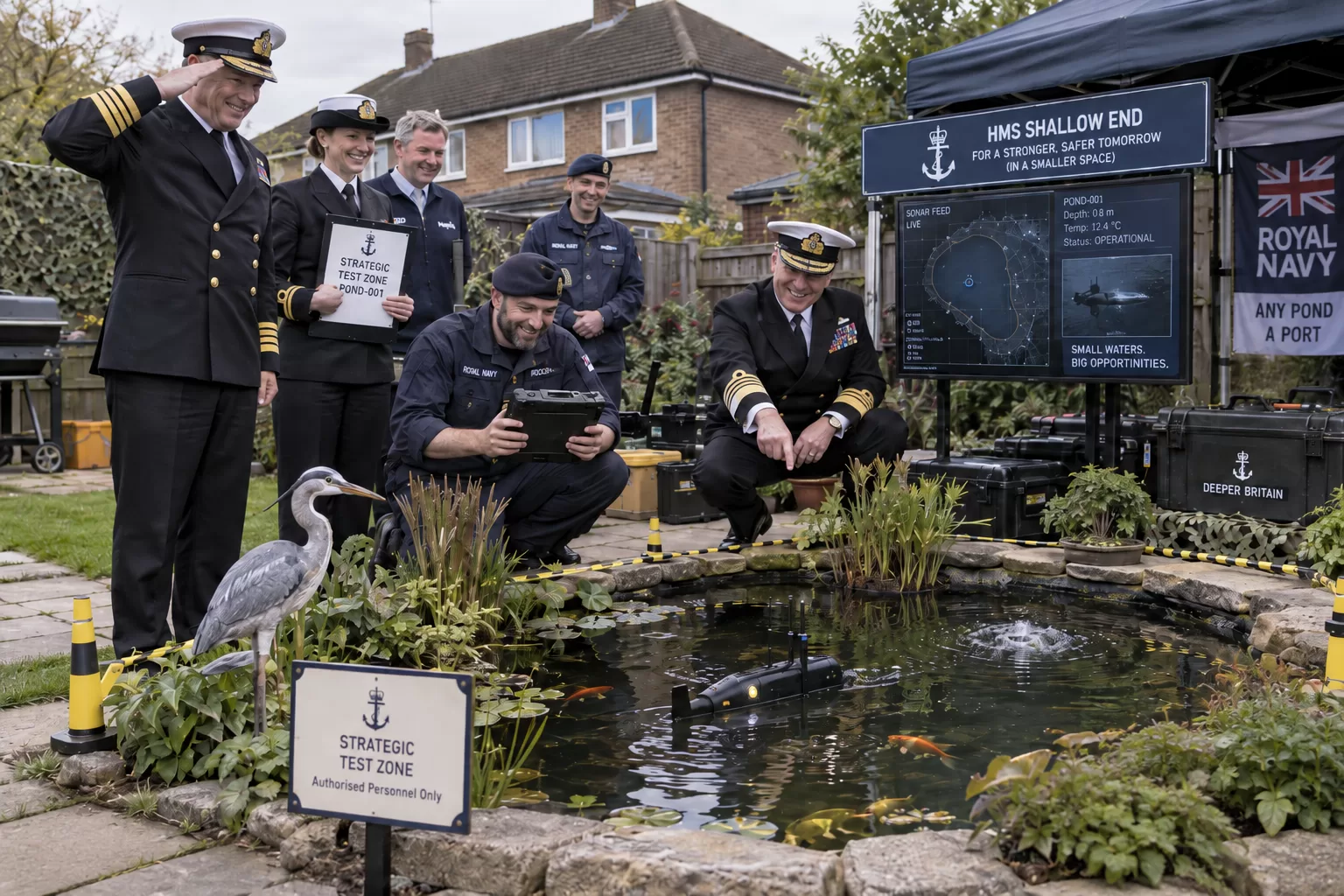 Five Royal Navy personnel gather around a garden pond containing a small submarine and fish, with a heron at the edge. A display board, warning signs, equipment cases and a Royal Navy banner are visible behind them.