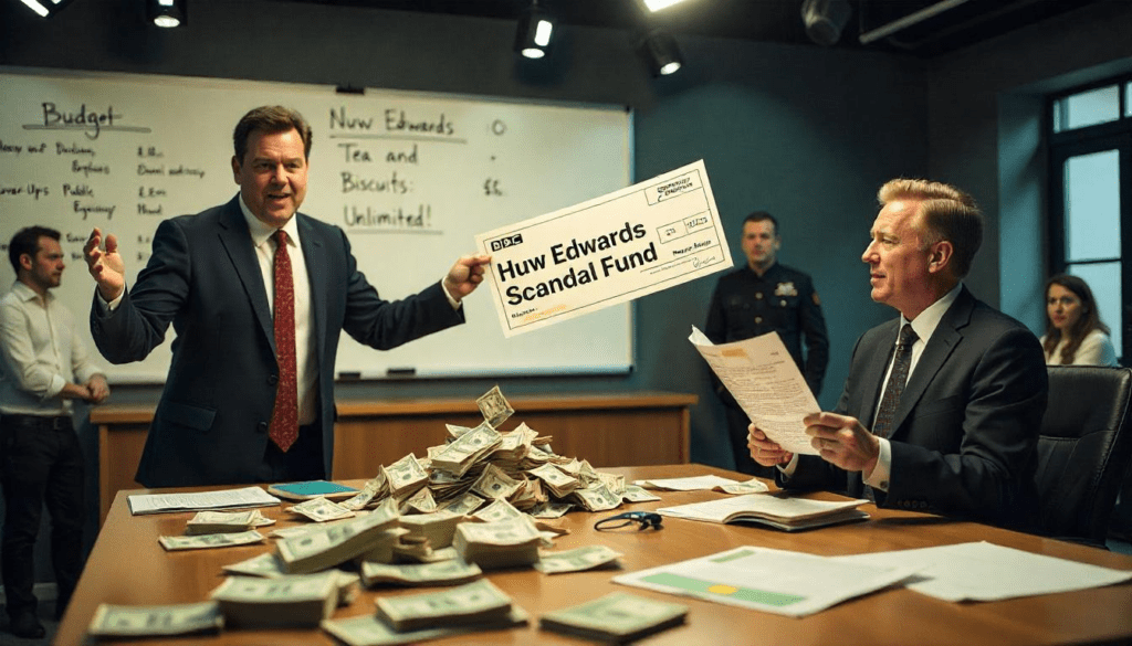 Satirical illustration for the article: BBC Regrets Not Investing in ‘Scandal Insurance’ After Huw Edwards Debacle
