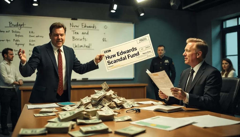Satirical illustration for the article: BBC Regrets Not Investing in ‘Scandal Insurance’ After Huw Edwards Debacle
