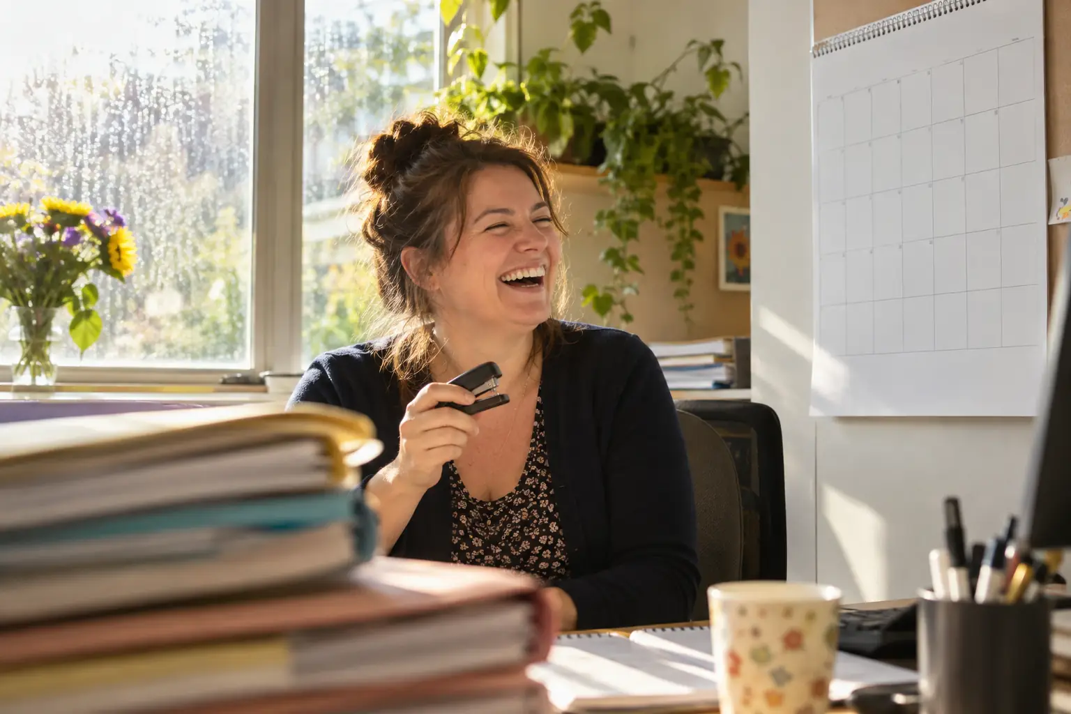 Original editorial photograph of a laughing academy administrator with a stapler and calendar for academies planning calendar