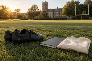 Football boots, a plain notebook and a folded cream shirt rest on an empty college football field.