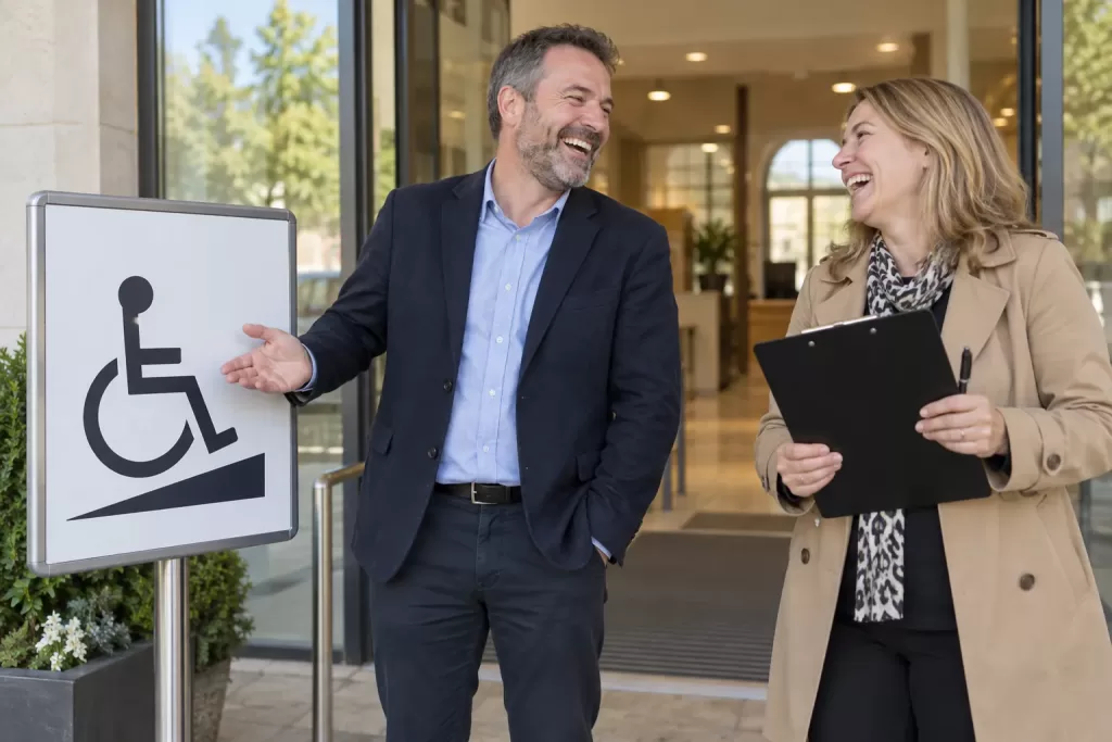 Two laughing accessibility consultants beside a ramp sign for Disability and Access Ambassadors