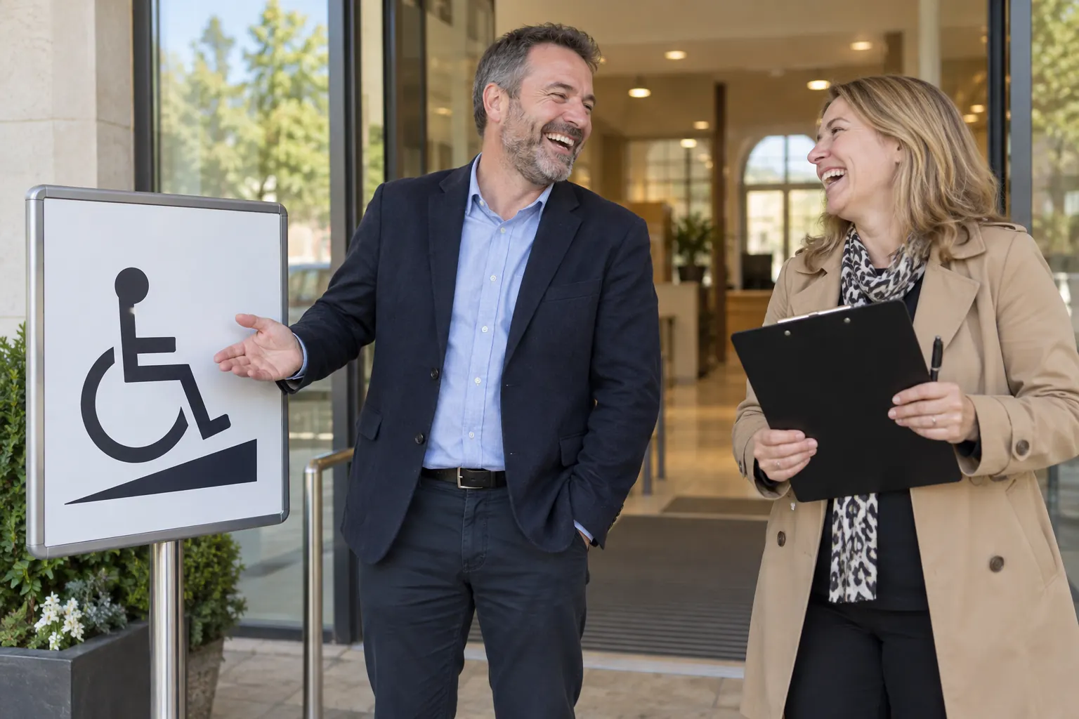 Two laughing accessibility consultants beside a ramp sign for Disability and Access Ambassadors