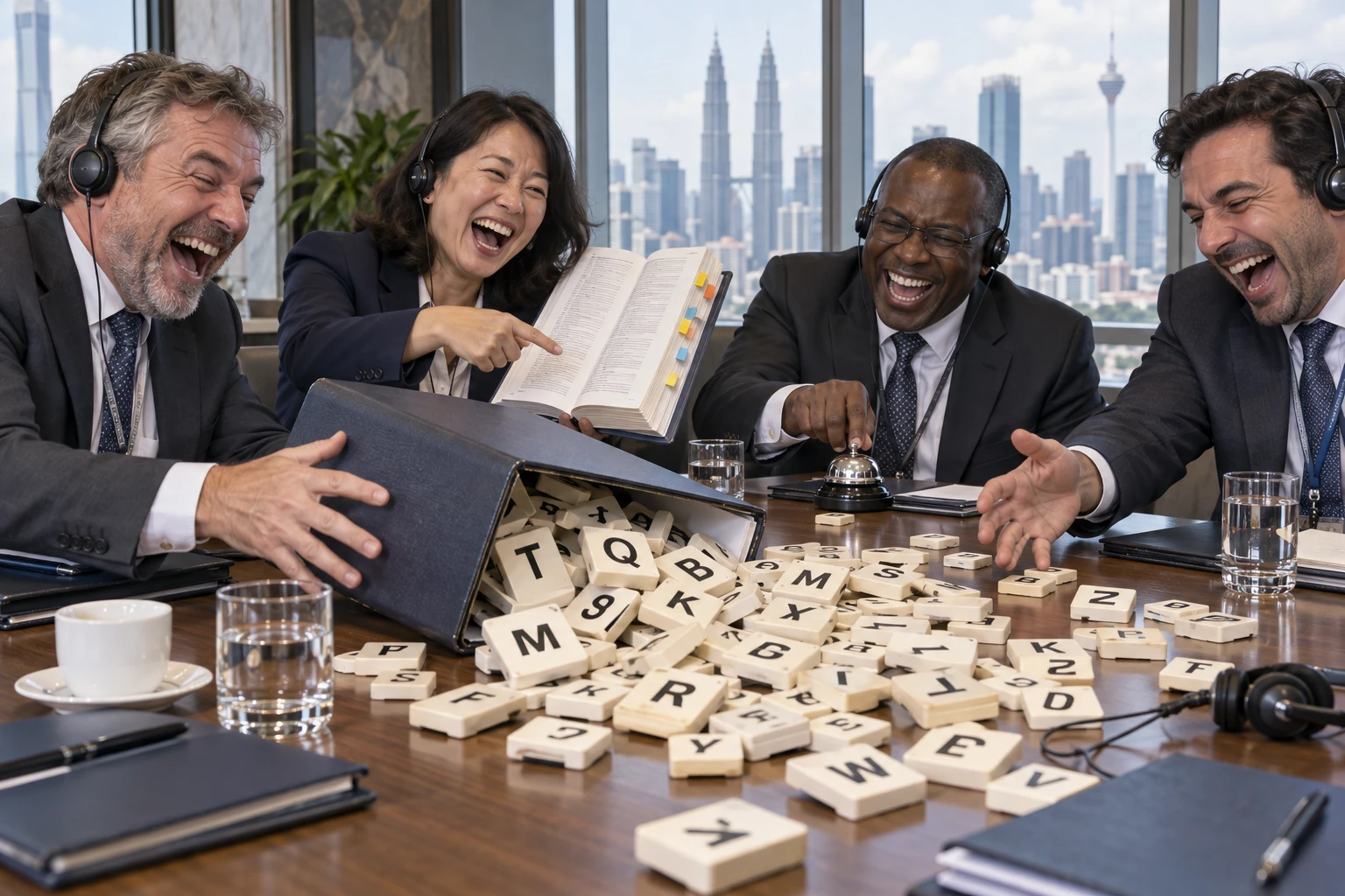 Four laughing delegates watch letter tiles spill from a folder while consulting a glossary and ringing a desk bell.