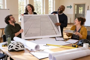 Four fictional grant applicants for walking and cycling projects laugh around a giant pavement plan and a small kerb model.