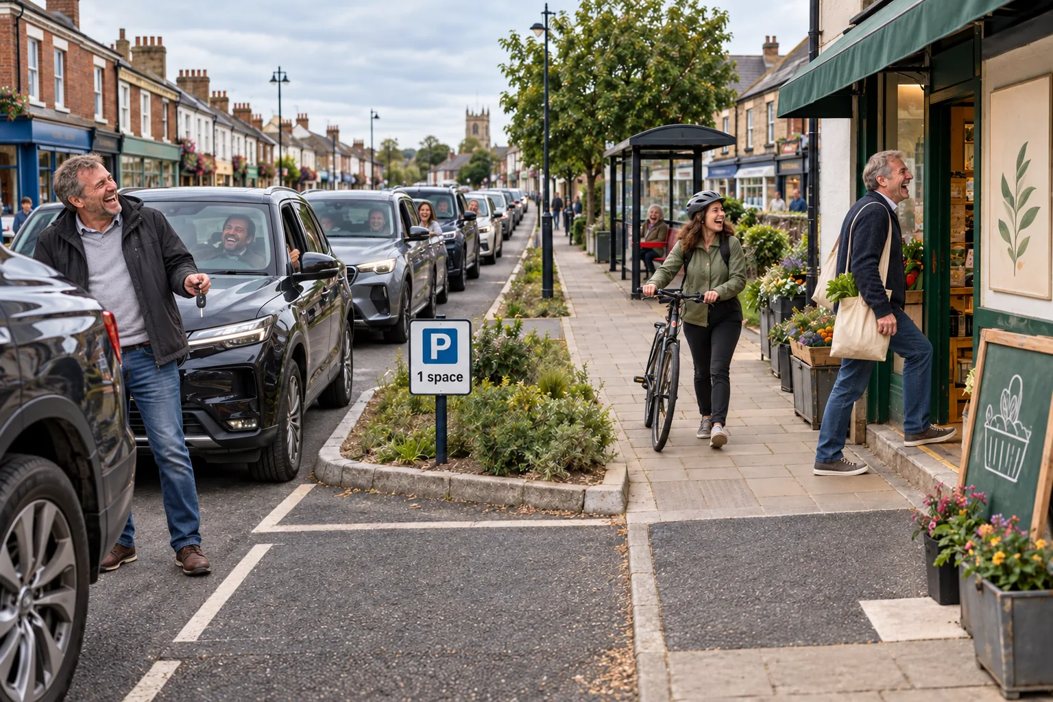Laughing adults beside a queue of cars, with a woman pushing a bicycle and a man entering a nearby shop.