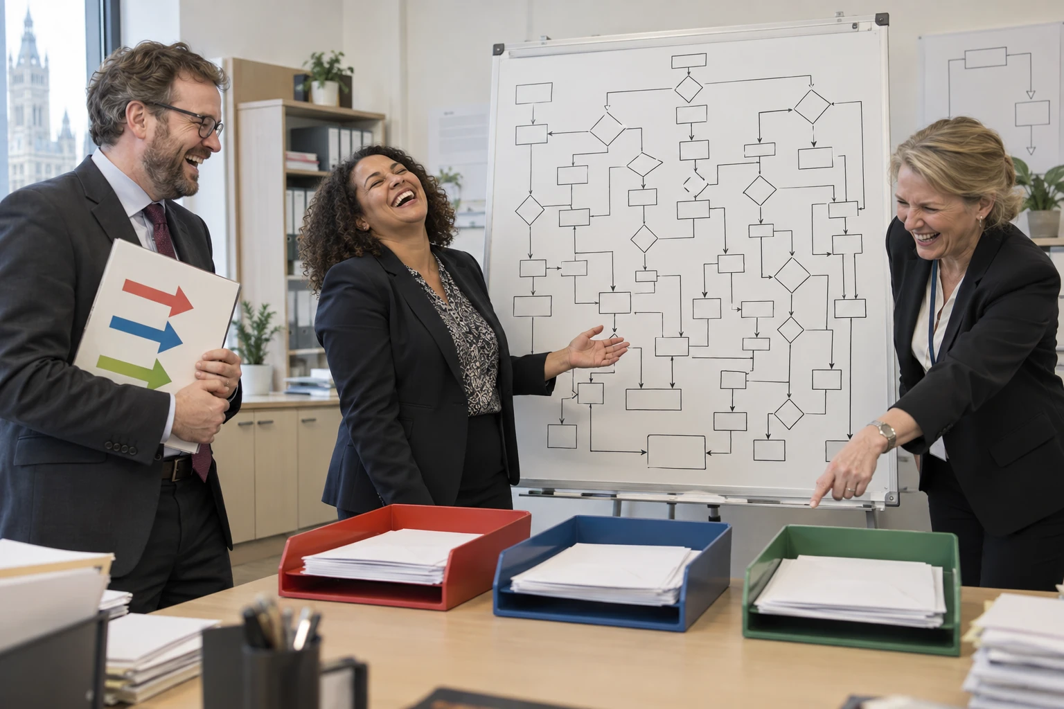 Three fictional public sector administrators laugh beside an elaborate office decision tree.