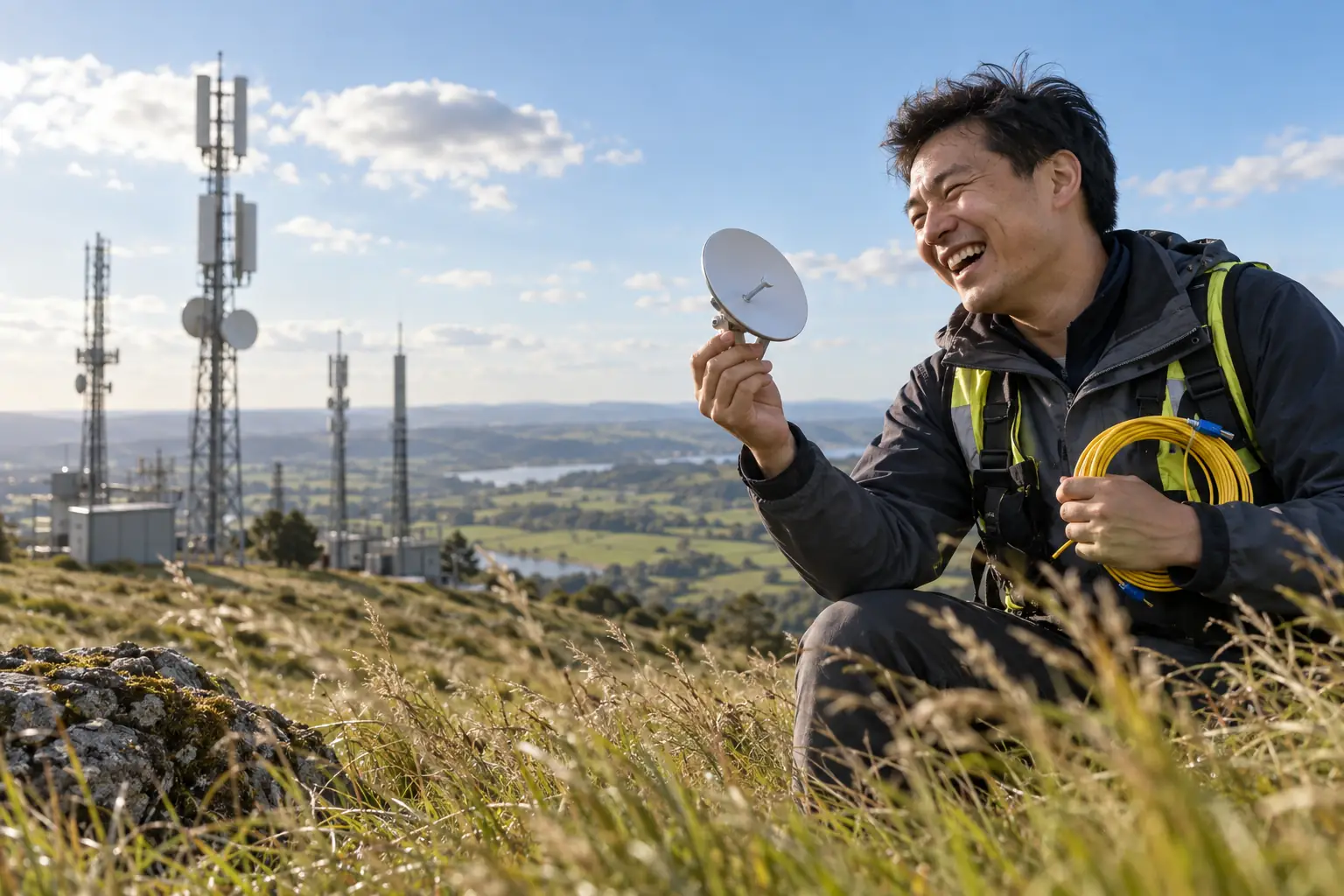 Original editorial photograph of one laughing East Asian engineer holding a plain dish antenna component and blank coiled fibre cable at a sunny hilltop test site, with no logos or text