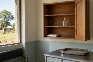 An almost empty wooden medicine cabinet stands above a steel tray in a quiet rural clinic.