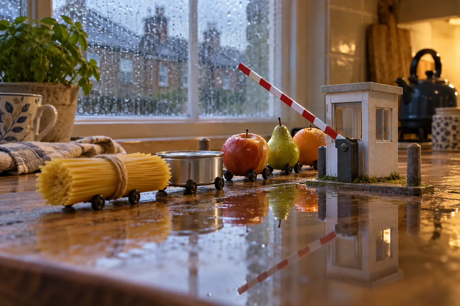 Miniature customs gate with pasta and fruit for fictional agricultural tariff suspensions 2026 editorial photograph