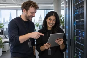 Two laughing technology workers discuss UK AI adoption beside generic server equipment