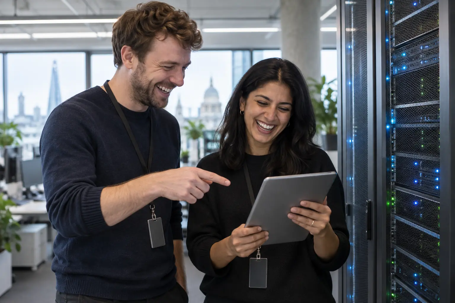 Two laughing technology workers discuss UK AI adoption beside generic server equipment