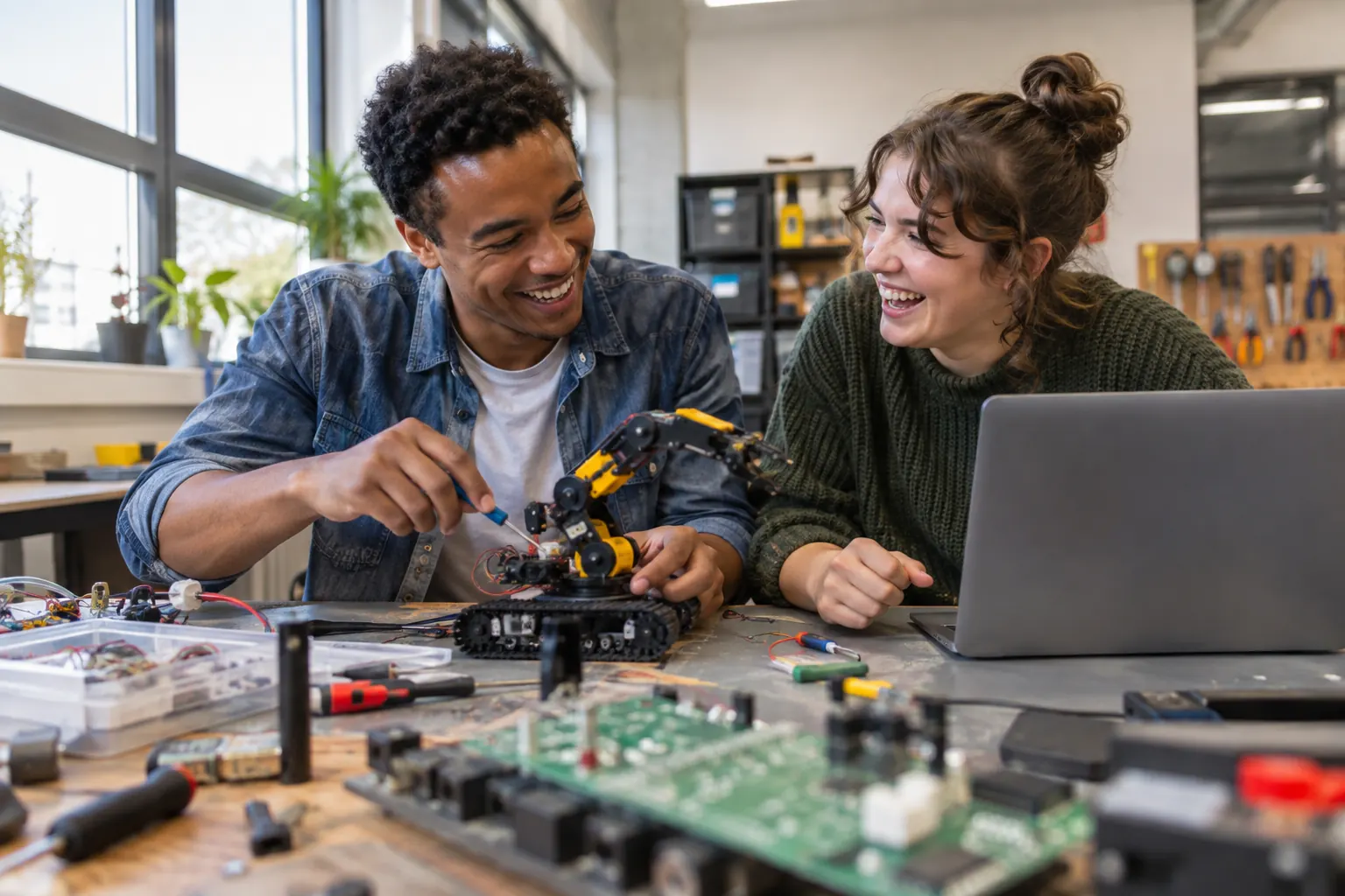 Two laughing young adults at a fictional AI bootcamps entry level jobs 2026 workshop