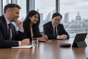 Finance professionals smiling at a plain conference speaker and tablet during a meeting