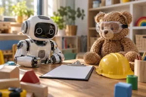 Original editorial photograph of a toy robot and teddy bear with a safety checklist for AI enabled toy safety 2026