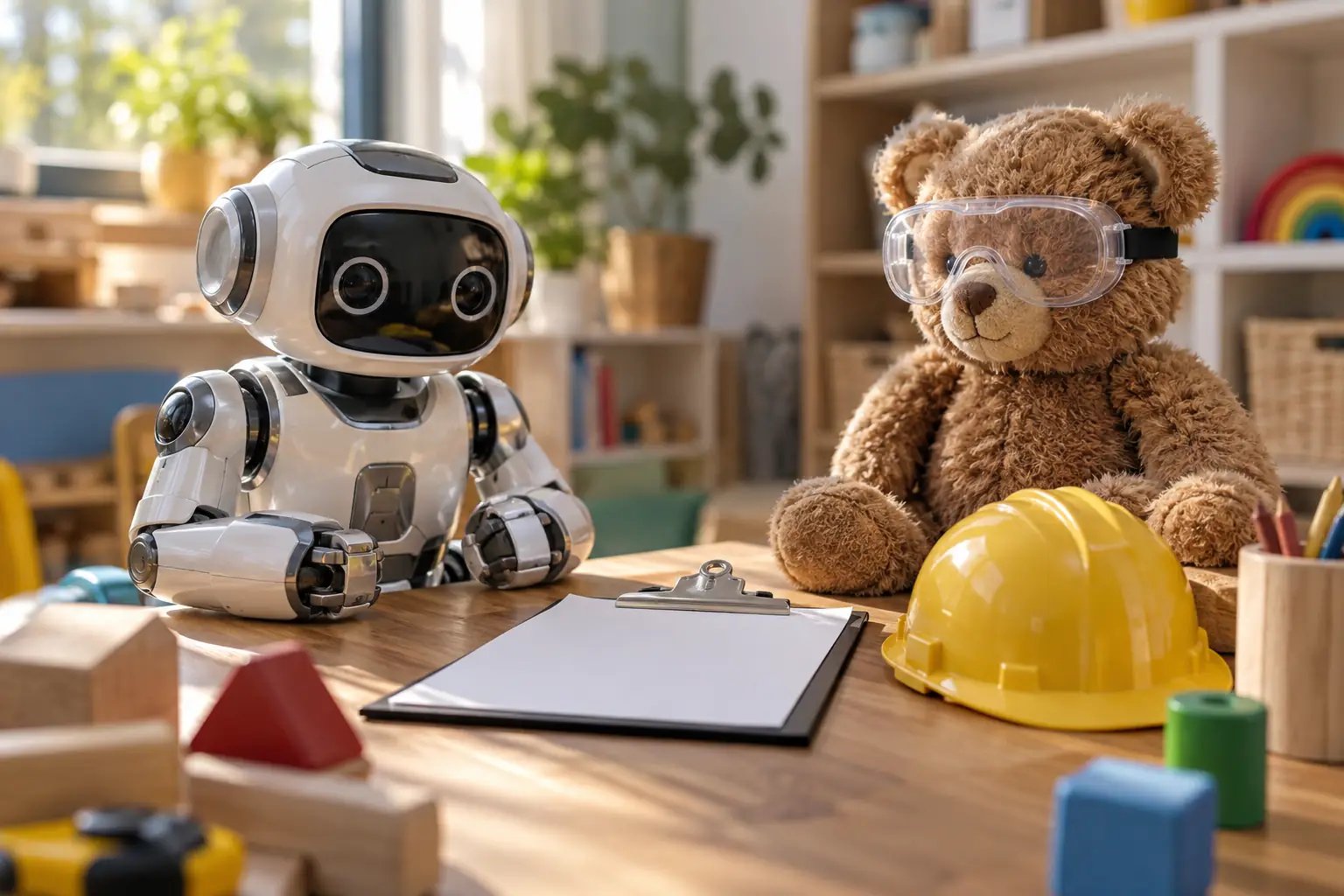 Original editorial photograph of a toy robot and teddy bear with a safety checklist for AI enabled toy safety 2026