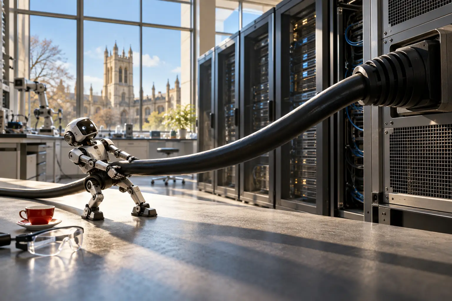 Original editorial photograph of a fictional robot in an AI lab for AI labs research funding 2026