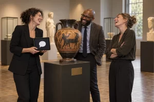 Three clearly laughing fictional adult museum professionals gather beside an ancient vase and a tablet with a simple speech bubble in a museum gallery.