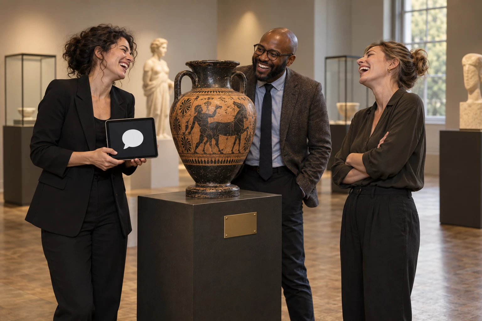 Three clearly laughing fictional adult museum professionals gather beside an ancient vase and a tablet with a simple speech bubble in a museum gallery.