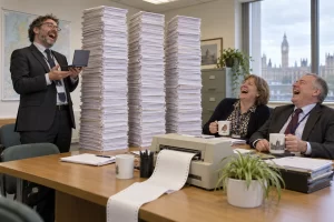 Three laughing civil servants present a small laptop beside towering stacks of forms and an old office printer.